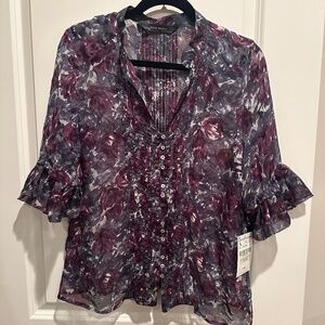 Zara sheer floral blouse in purples and white floral print (NWT)